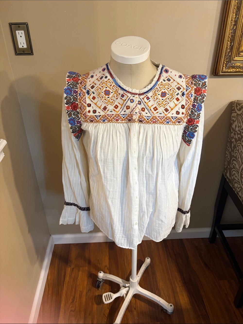 Antik Batik White Blouse with Blue, Red and Yellow Embroidery